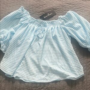 Anac Sky Blue Gingham Off-Shoulder Kids Blouse